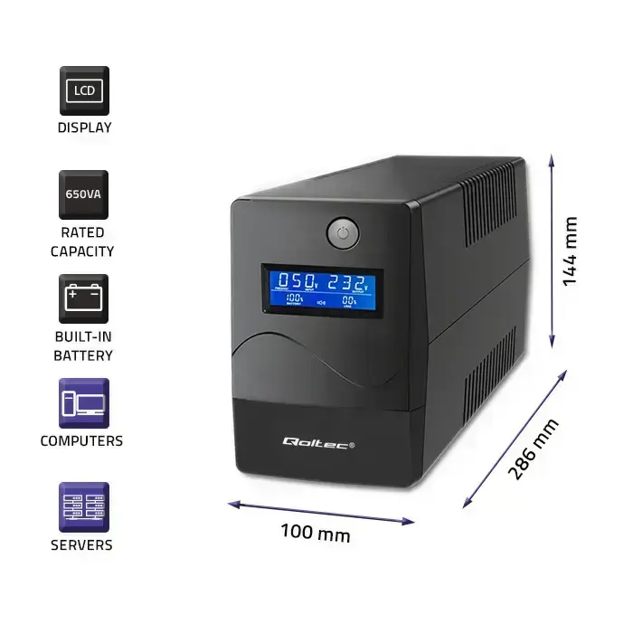 Qoltec Uninterruptible Power Supply UPS Line Interactive | Monolith | 650VA | 360W | LCD | USB | RJ45 Photo