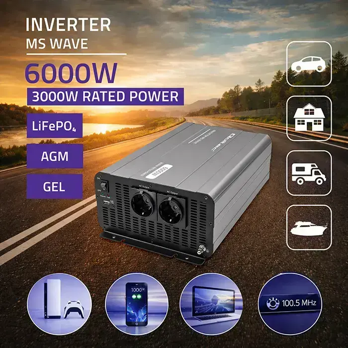 Qoltec MS Wave Voltage Converter | 12V to 230V | 3000/6000W | USB | Compatible with LiFePO4, GEL and AGM batteries Foto 2