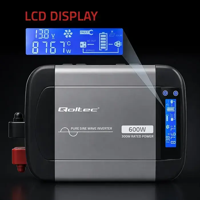 Qoltec Pure Sine Wave Inverter | 12V to 230V | 300/600W | LCD | USB | USC-C | Compatible with LiFePO4 GEL AGM  Foto 5