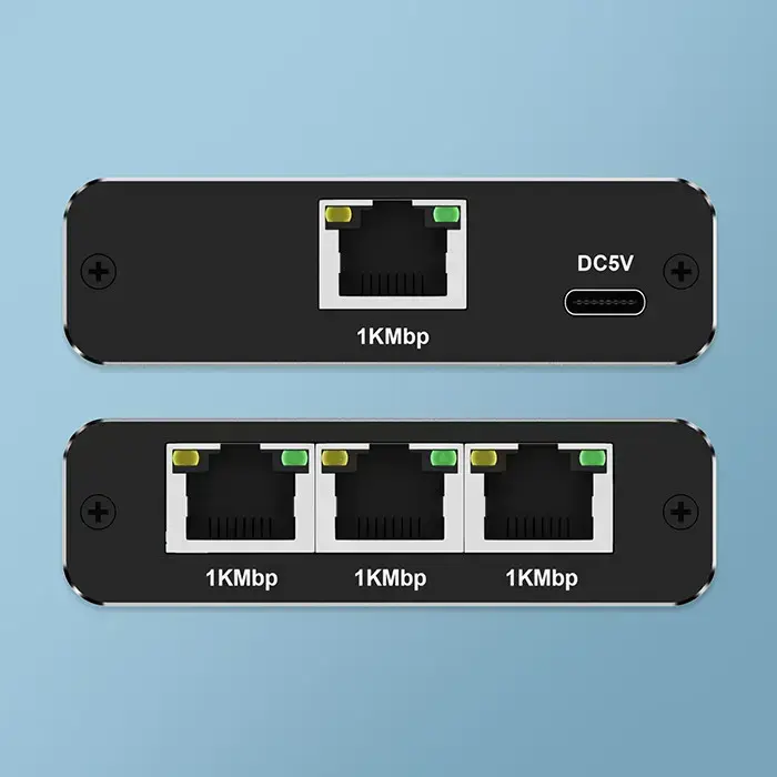 Qoltec Splitter Ethernet mini SWITCH 1x3 RJ45 | 1000Mb/s | USB-C | Aluminium Photo