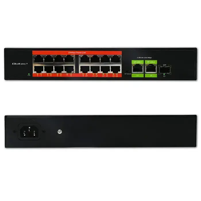 Qoltec Fast Ethernet PoE SWITCH | 16x RJ45 10/100 Mb/s |  2x RJ45 Uplink 1000 Mb/s | 1x SFP 1000 Mb/s Photo