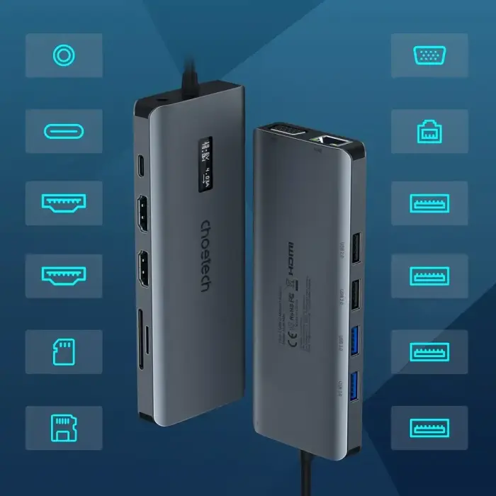 Choetech multifunctional HUB with display 12in1 USB-C to USB-C / USB-A / HDMI / VGA / AUX / SD / TF gray (HUB-M26) Фото num