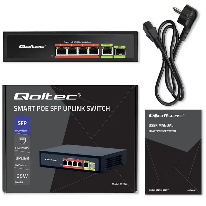 Qoltec FAST Ethernet PoE SWITCH 4x RJ45 PoE 1x RJ45 Uplink 1x SFP | 65W | 1000 Mb Foto 24