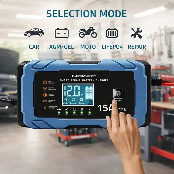 Qoltec Intelligent microprocessor charger 12V 15A | Rectifier with repair function | AGM GEL LiFePO4 | 9-stage charging  Photo