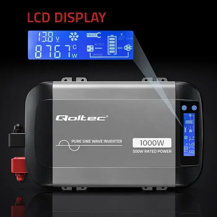 Qoltec Pure Sine Wave Inverter | 12V to 230V | 500/1000W | LCD | USB | USC-C | Compatible with LiFePO4 GEL AGM  Foto 4