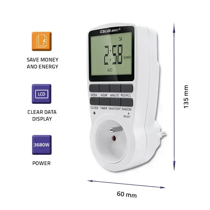 Qoltec Electronic Timer PC0628 | 3680W | 16A | LCD Фото num