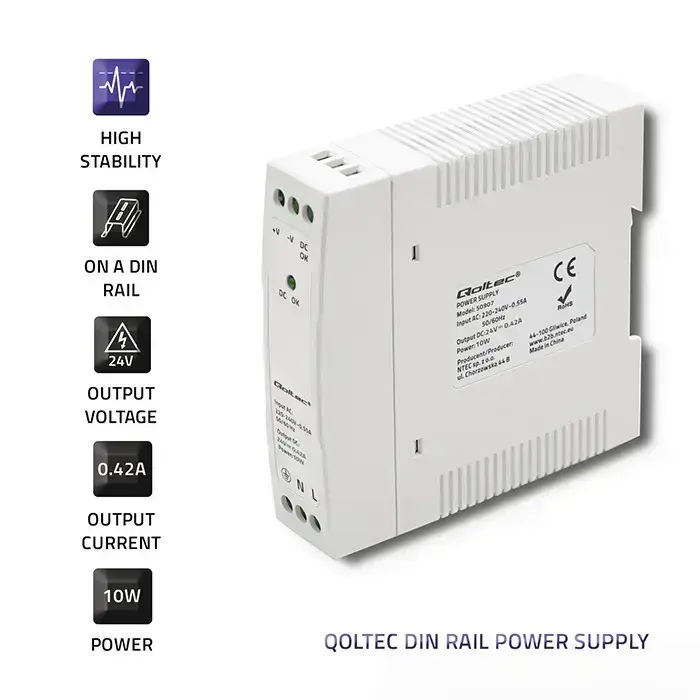Qoltec DIN rail power supply | 10W | 24V | 0.42A | White | Slim Фото num