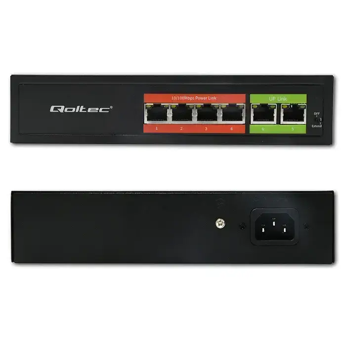 Qoltec FAST Ethernet PoE SWITCH | 4x RJ45 PoE | 2x RJ45 Uplink | 65W | 10/100 Mb/s Photo