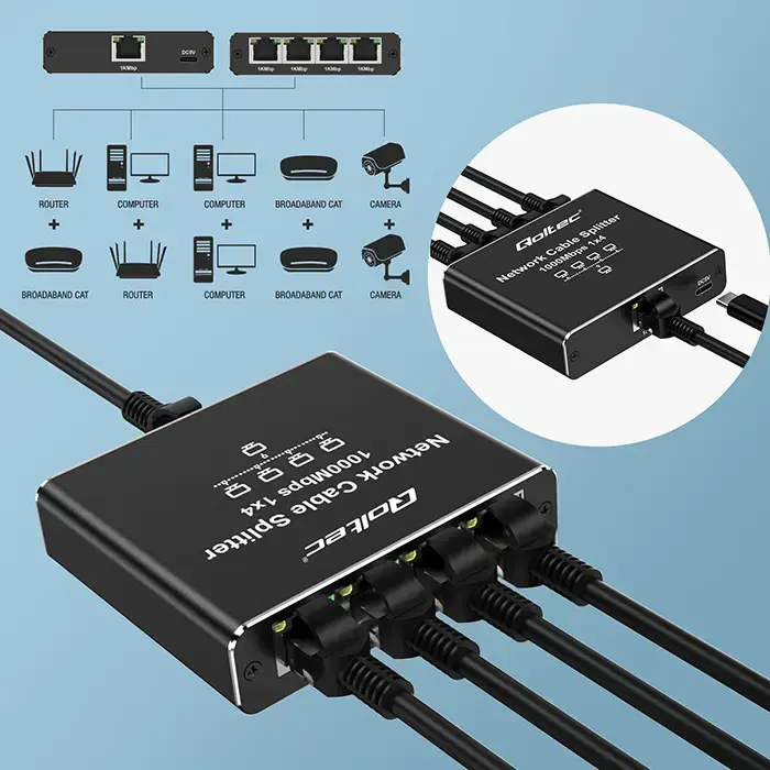 Qoltec Splitter Ethernet mini SWITCH 1x4 RJ45 | 1000Mb/s | USB-C | Aluminium Foto 17