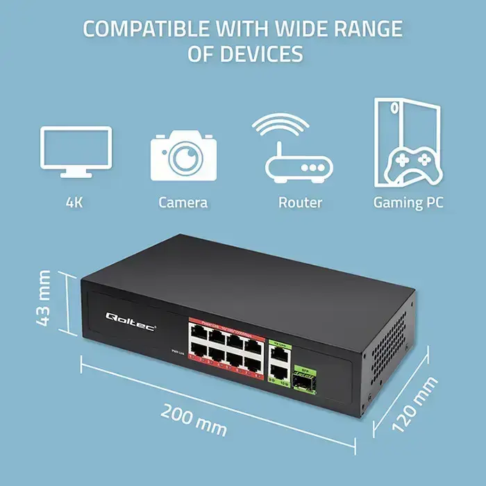 Qoltec FAST Ethernet PoE SWITCH 8x RJ45 PoE 2x RJ45 Uplink 1x SFP | 120W | 1000 Mb Photo