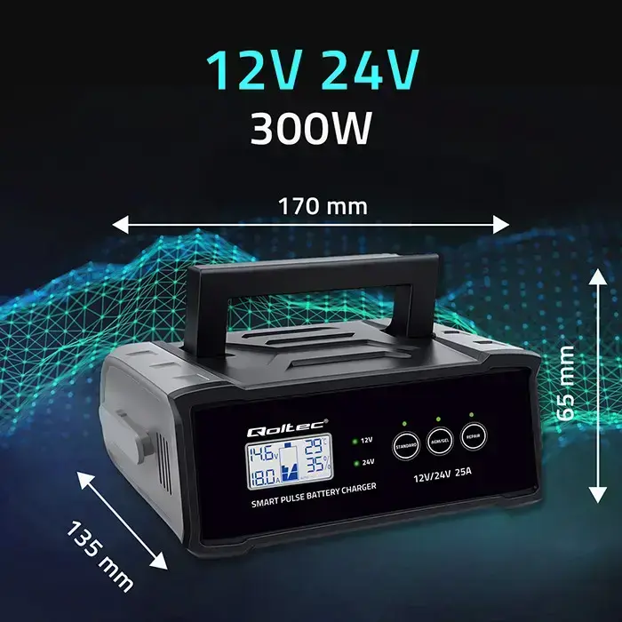 Qoltec Intelligent microprocessor charger 12V 24V 25A | Rectifier with repair function for AGM GEL SLA battery | LCD Фото num