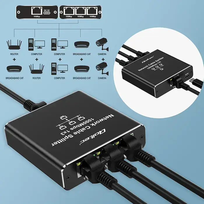 Qoltec Splitter Ethernet mini SWITCH 1x3 RJ45 | 1000Mb/s | USB-C | Aluminium Photo