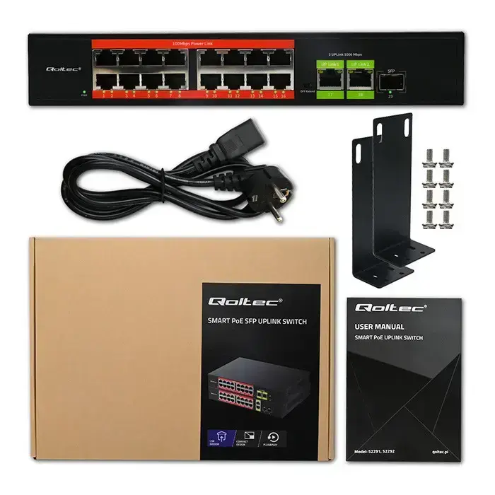 Qoltec Fast Ethernet PoE SWITCH | 16x RJ45 10/100 Mb/s |  2x RJ45 Uplink 1000 Mb/s | 1x SFP 1000 Mb/s Photo