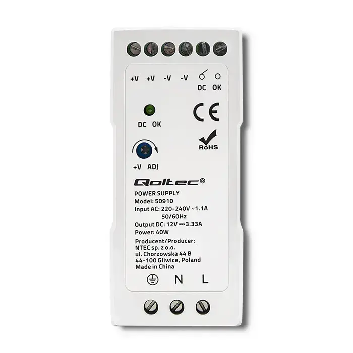 Qoltec DIN rail power supply | 40W | 12V | 3.33A | White | Slim Фото num