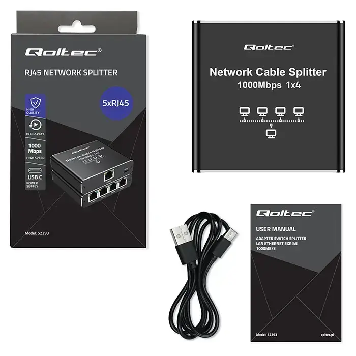 Qoltec Splitter Ethernet mini SWITCH 1x4 RJ45 | 1000Mb/s | USB-C | Aluminium Foto 28