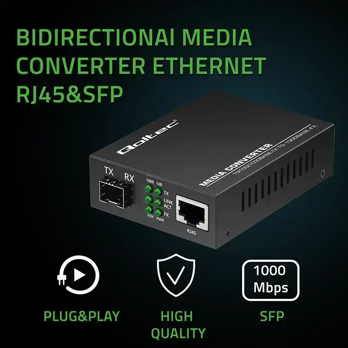 Qoltec Bidirectional Ethernet SWITCH Media Converter 1x RJ45 1x SFP| 1000Mbps | 5V Foto 4