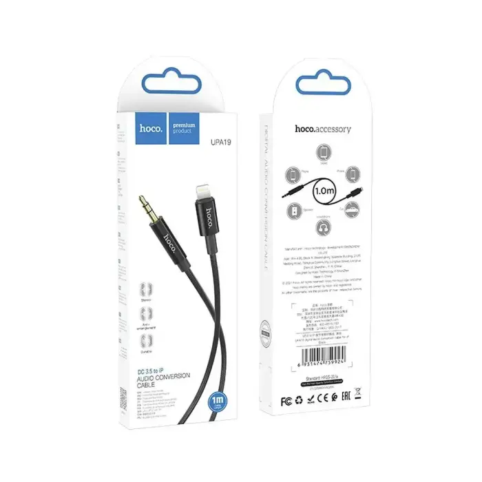 Cable AUX Jack 3,5 mm to Lightning Hoco 1 m UPA19 black Photo