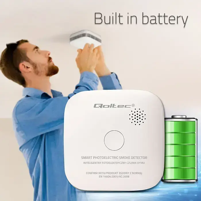 Qoltec Certified Wireless Smoke Detector with Battery | Sensor life: 10 years | Battery life: 10 years | Alarm: 85dB | LED Фото num