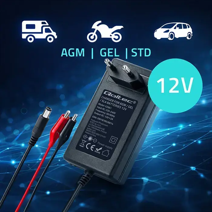 Qoltec Automatic charger for AGM GEL STD batteries | 12V charger | 2A | 24W | 5.5x2.1 | 1.8m cable Photo