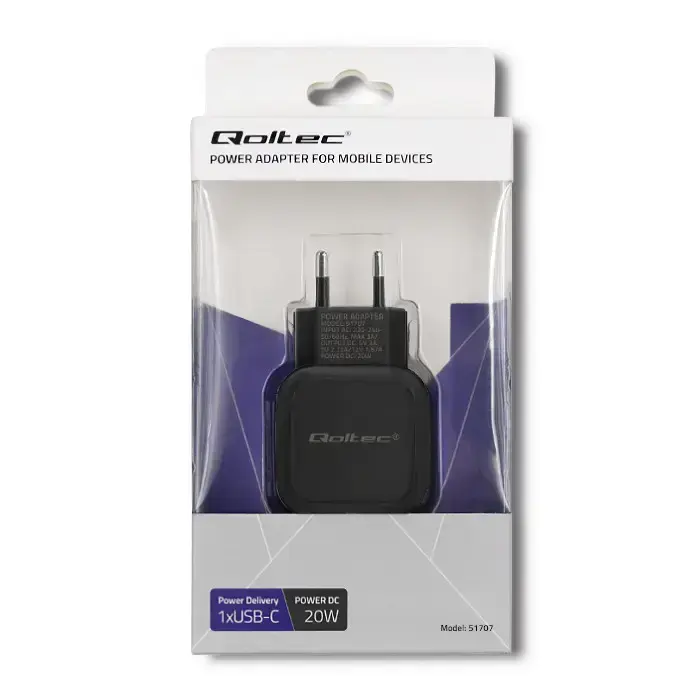 Qoltec Charger | 20W | 5-12V | 1.67-3A | USB type C | PD | Black Photo