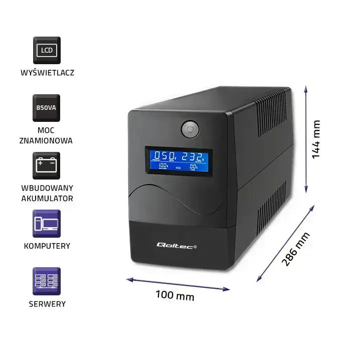 Qoltec Uninterruptible Power Supply UPS Line Interactive | Monolith| 850VA | 480W | LCD | USB | RJ45 Photo